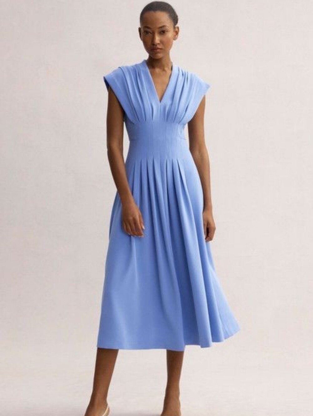 NWT THE FOLD Tivoli Midi Dress In Blue Crepe Cap Sleeve Pleated Size US 10 NEW